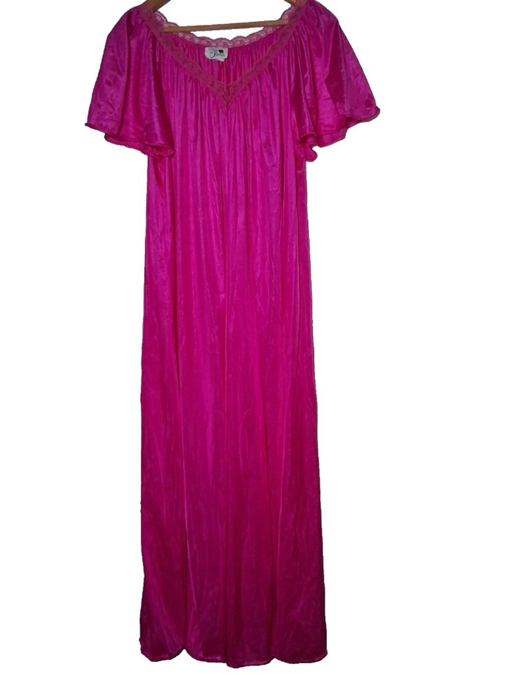Vintage 1970s Elana Nightgown Plus Size 2X Pink Nylon Lace Trim Long Flutter
